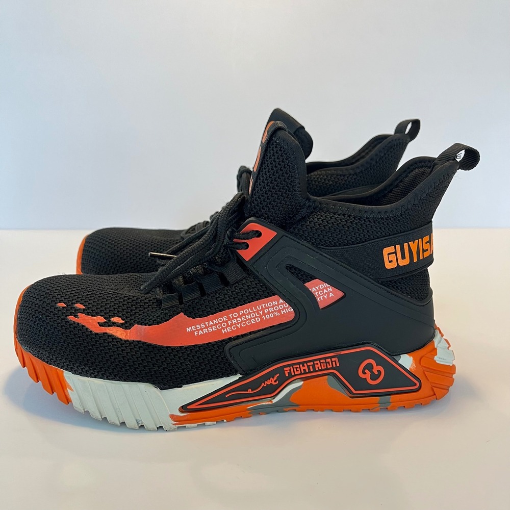 Guyisa Mens Black Orange Knit High Top Safety Shoes Work Sneakers Size 39